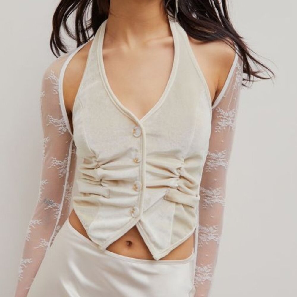 NWT Cider Beige Cream Velvet Velour Vintage Retro Halter Vest Waistcoat Crop Top